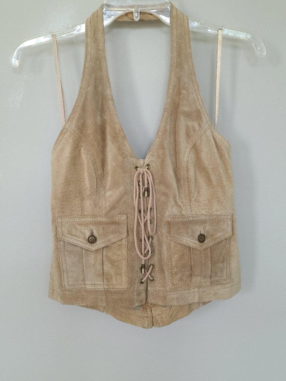 Wilsons Leather Suede Top Laced Up Halter Tan Western Festival Boho Medium NWT